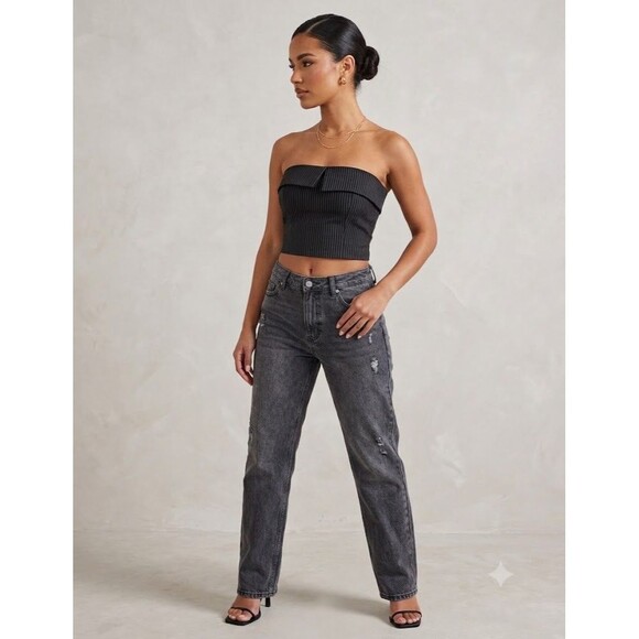 PrettyLittleThing Tops - PLT Black Pinstripe Strapless Corset Top Bandeau Bustier Women Sz12 90s